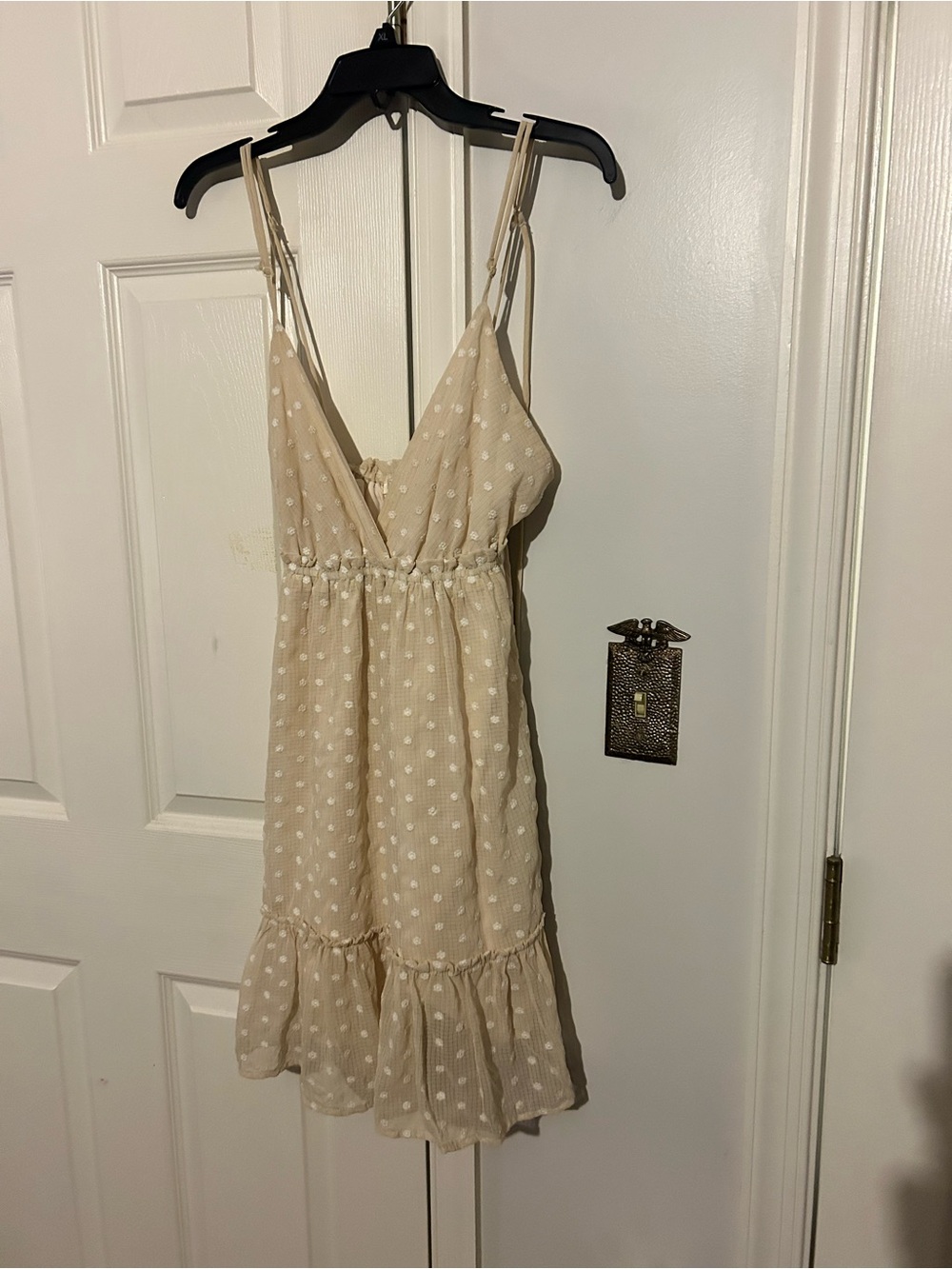 Beige Swiss Dot Sundress with Ruffle Hem